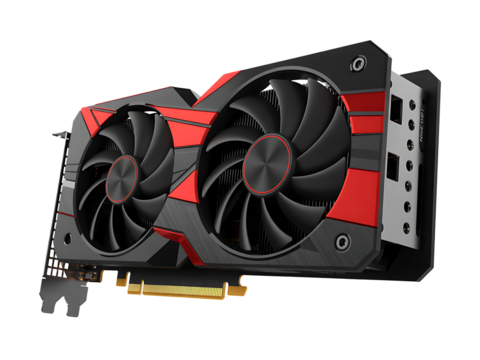 High performance gaming graphics card featuring dual black fans and red accents on a sleek black heatsink