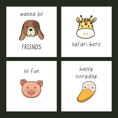 Cute animals heads set. Vector hand drawn illustration in cartoon style.