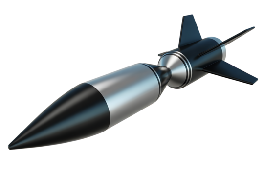 A sleek futuristic rocket with a pointed black nose cone and silver body rests against a stark black background