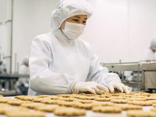 食品製造ラインで衛生服を着た女性の作業風景