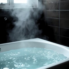 a bathtub filled with hot water emitting thick steam, creating a warm and soothing atmosphere. The water's surface is clear with a few bubbles, reflecting the soft light from the window above