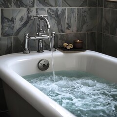 Hot water flows slowly from the faucet, filling the bathtub with warm, soothing steam.