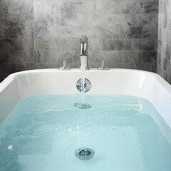 This bath features a steady stream of hot water flowing gently from the tap, creating a perfect relaxing atmosphere.