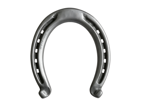 A solitary metallic horseshoe meticulously crafted and showcasing its traditional curved shape against a stark black background