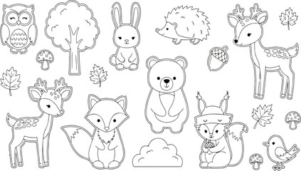 Cute woodland forest animal vector line art set for kids coloring pages and graphic crafts isolated on white