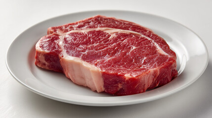 Obraz premium 白い皿に盛り付けられた、鮮やかな霜降りの生牛肉ステーキ