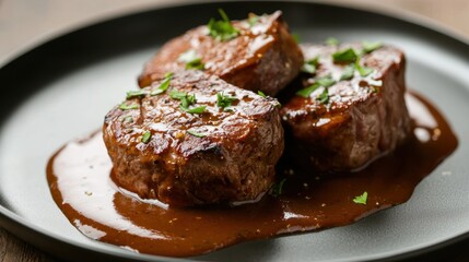 Grilled steak served on a black plate with savory sauce and fresh herbs at a cozy outdoor dining setting