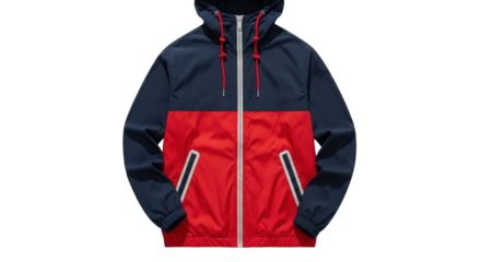 Isolated hooded jacket, color blocked blue and red, full zip front, stylish and on trend apparel