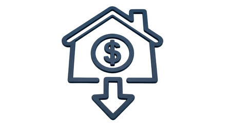 Isolated house icon with dollar sign and arrow pointing down showing decreasing value
