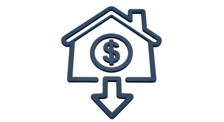 Isolated house icon with dollar sign and arrow pointing down showing decreasing value