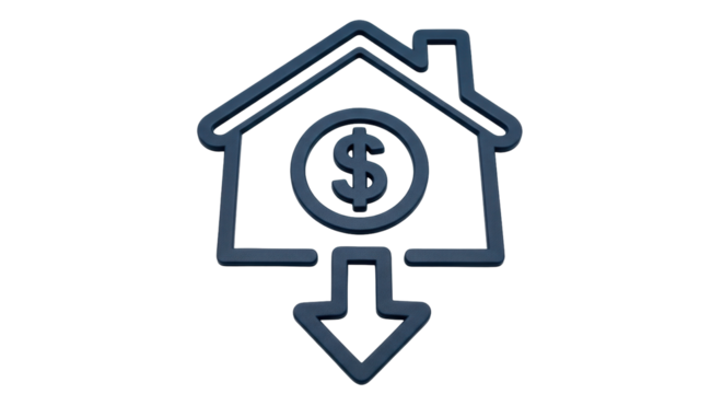 Isolated house icon with dollar sign and arrow pointing down showing decreasing value