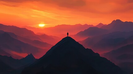 Vibrant sunset illuminating a solitary figure standing atop a mountain peak surrounded by a breathtaking landscape