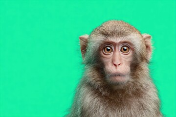 Fototapeta premium Cute Portrait of monkey isolated on green color background. Funny ape in front looking at the camera. Space for text. Funny animal snout on studio backdrop. Wildlife, African. Wild animals. Copy space