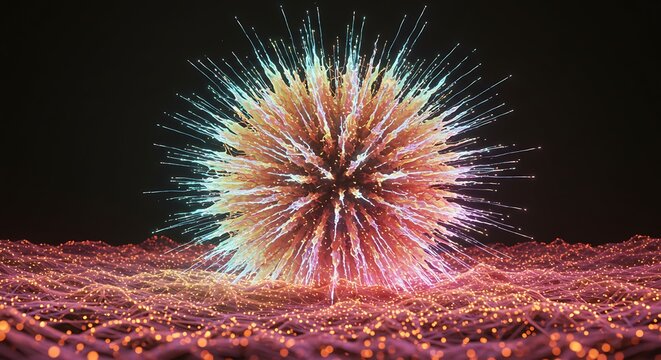 Abstract visualization of a glowing viral particle or energy orb on a textured cellular landscape