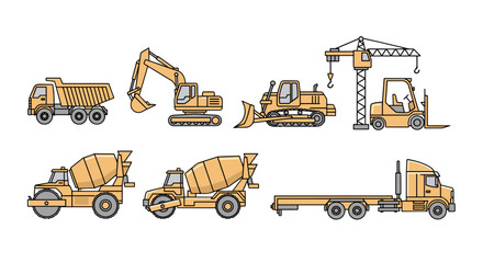 Set of construction machinery. Heavy equipment for building. Dumper, excavator, bulldozer, crane, forklift, concrete mixer truck. Vector line art icon pack illustration.
