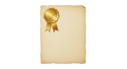 Isolated gold award medal on old paper, validation stamp, document template, no background