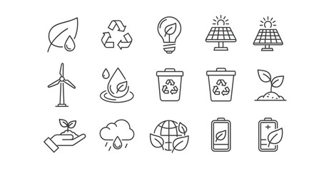 Ecology and environment line icon set. Green energy, recycling, and conservation symbols. Eco friendly concept for sustainability. Vector icons of solar panel, wind turbine.