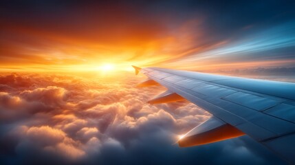 Fototapeta premium Breathtaking scene captures an airplane wing soaring through a colorful golden sunset. Soft clouds spread beneath, creating a serene atmosphere filled with warm hues and adventure