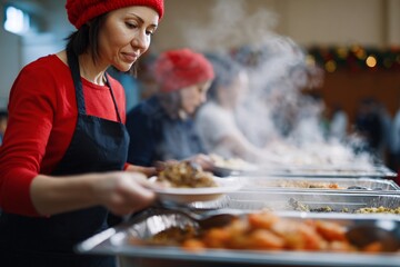 People serving warm Christmas meals at a charity event in winter