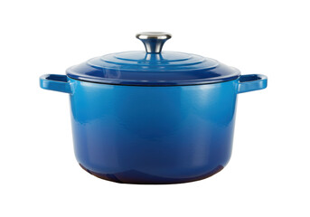 Isolated kitchenware studio shot, blue enameled cast iron dutch oven with lid and handles