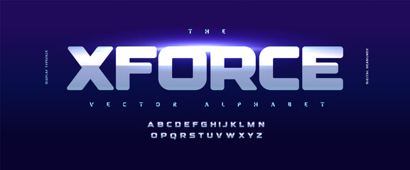 Cyber techno alphabet, bold force metal glossy font, futuristic esport font for space gaming logo, powerful digital sign headline, metallic typographic design, modern sci-fi typography.Vector typeset. © artyway
