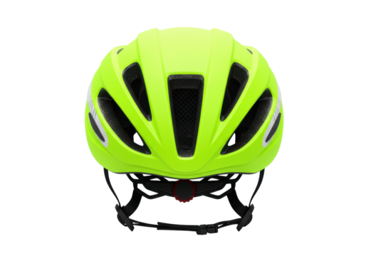 Isolated bright neon yellow cycling helmet with straps and adjustments for safety riding gear