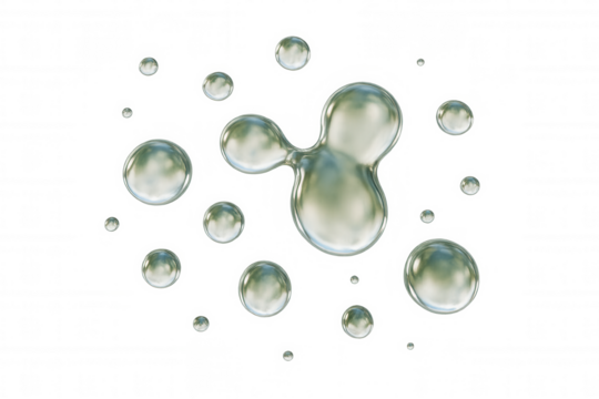 Abstract liquid drops merging and floating on transparent background, conveying chemistry, science, and fluid dynamics