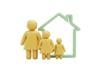 Isolated single parent family 3D concept symbol icon with house, safety for children and real estate