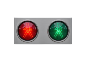 Isolated pedestrian traffic light showing the green and red walking figures, go, stop