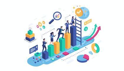 Isometric business growth concept with people climbing bar graph, financial charts, global economy, idea bulb, and upward arrows symbolizing success and strategy