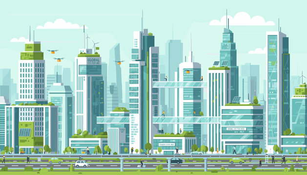 Futuristic Eco-Friendly Cityscape with Green Buildings, Solar Panels, Wind Turbines, and Drone Deliveries, Showcasing Sustainable Urban Technology and Modern Lifestyle