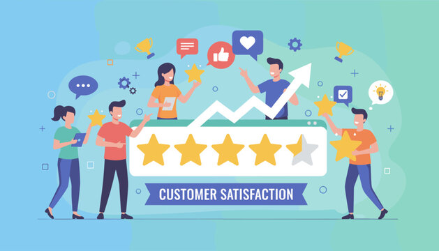 Customer satisfaction concept illustration: diverse people giving star ratings, feedback, and thumbs up, symbolizing service quality and positive reviews with a rising graph.