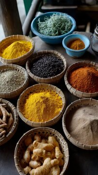 Top-down view of various powdered spices in round woven baskets, vibrant colors like turmeric yellow, chili red, and cumin brown, arranged neatly on a rustic market table, rich textures, natural light