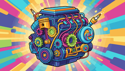 Vibrant Cartoon Car Engine with Colorful Gears, Pistons, and Spark Plugs, Detailed Mechanical Illustration on a Bright Abstract Background, Automotive Technology Concept