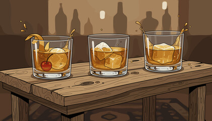 Three refreshing whiskey drinks with ice and garnishes, served on a rustic wooden table in a dimly lit bar, perfect for depicting nightlife and relaxation.