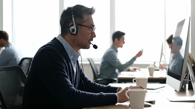 Man wearing headset works at computer. Customer support in office handles calls. Corporate callcenter environment emphasizes teamwork and service. Professional communication and focus create workflow.