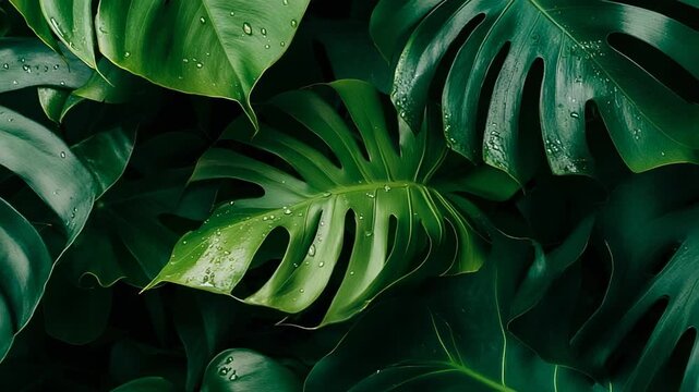 Lush, dark green split-leaf philodendron leaves covered with glistening dewdrops