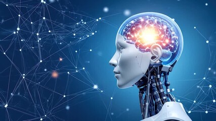 Futuristic robot head with transparent skull revealing an active, glowing brain within a neural network - Powered by Adobe