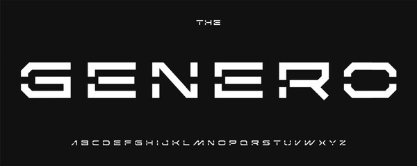 Futuristic geometric alphabet, digital sci-fi font for modern cyber logo, robotic headline, AI typography, tech-forward typographic design. Bold minimalist techno letters set. Vector typeset. © artyway