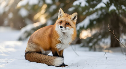 Majestic Red Fox in Winter Snow Forest.