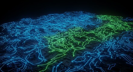 Futuristic digital landscape with glowing blue and green energy streams representing data flow and network connections