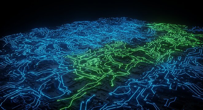 Futuristic digital landscape with glowing blue and green energy streams representing data flow and network connections