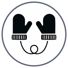 Obraz premium Black icon of two cozy mittens connected by a string within a grey circle, symbolizing winter warmth and childhood
