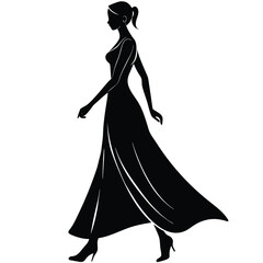 Elegant silhouette of a woman walking gracefully in a serene landscape