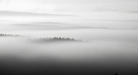 Misty Forest Landscape in Grayscale.