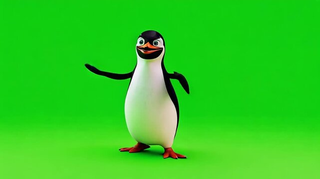 A cartoon penguin stands on a bright green background. The penguin has a black and white body, orange beak, and flippers, appearing cheerful and animated.