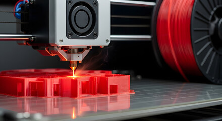 Modern 3D Printer Creating Red Object with Glowing Nozzle.