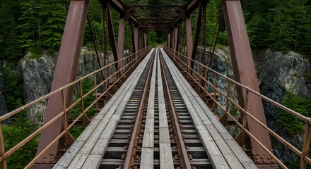Aged rusty railway bridge extends over a rocky gorge, surrounded by towering evergreen trees