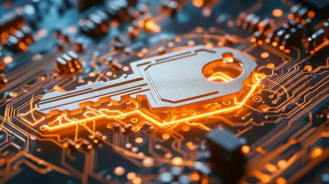 Digital key over circuit board illustrating cybersecurity and technology concepts - Powered by Adobe