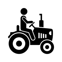 Stickman Driving Tractor Vector Illustration. Farmer Operating Farm Vehicle, Agricultural Work, Farming Equipment, Rural Life, Harvest Season, Simple Black Silhouette Icon Isolated on White Background